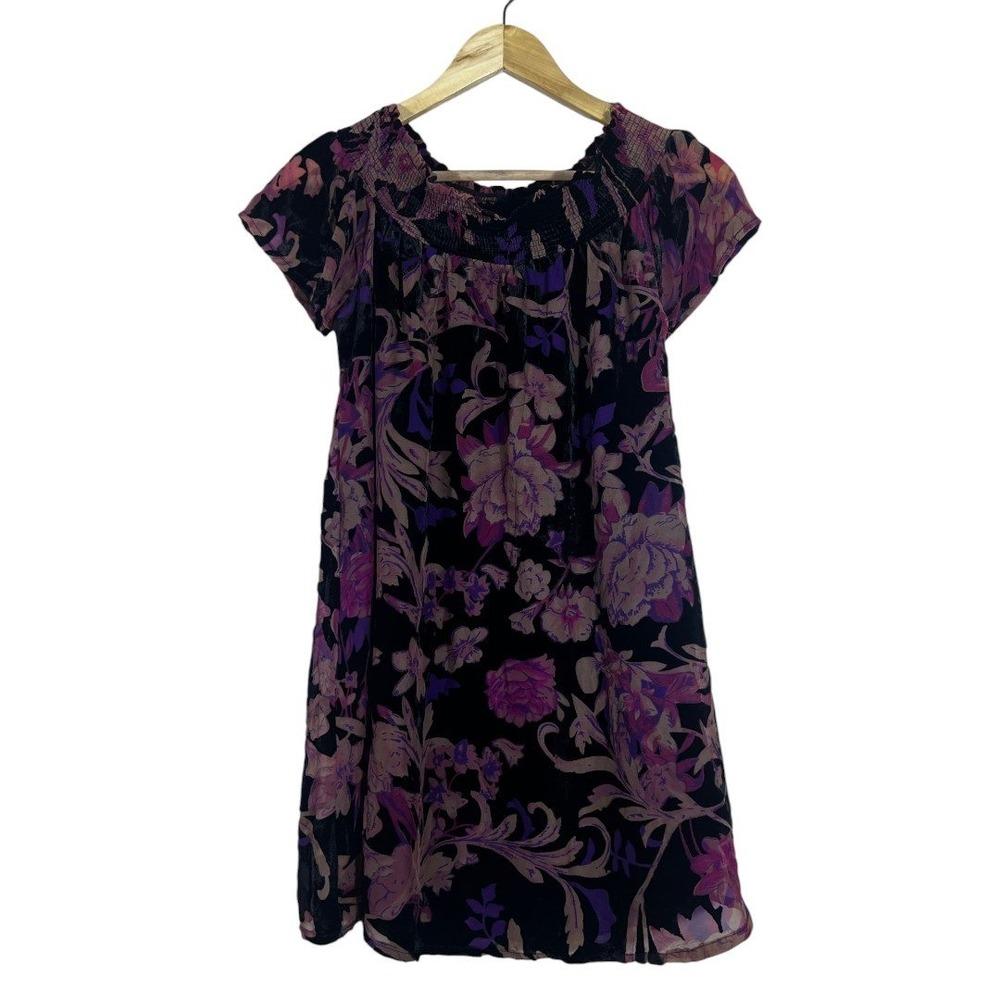 Simisue Floral Burnout Velvet Mini Dress Purple Pink Boho Smocked Neck Size S
